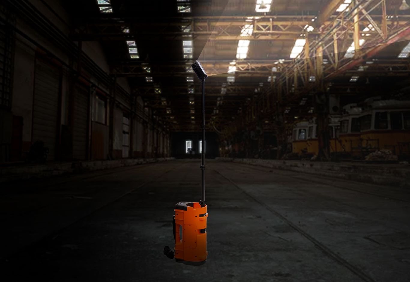 Jarsh JL-RL-6Ft portable area light lighting a dark industrial shed