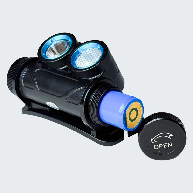 ATEX headlamp with its battery cap open