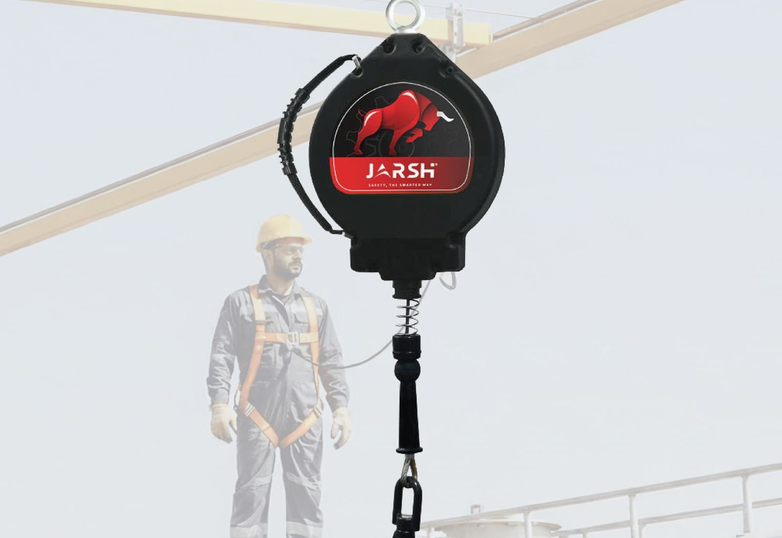 IronCladeX retractable block anchored above a worker on a tanker gantry