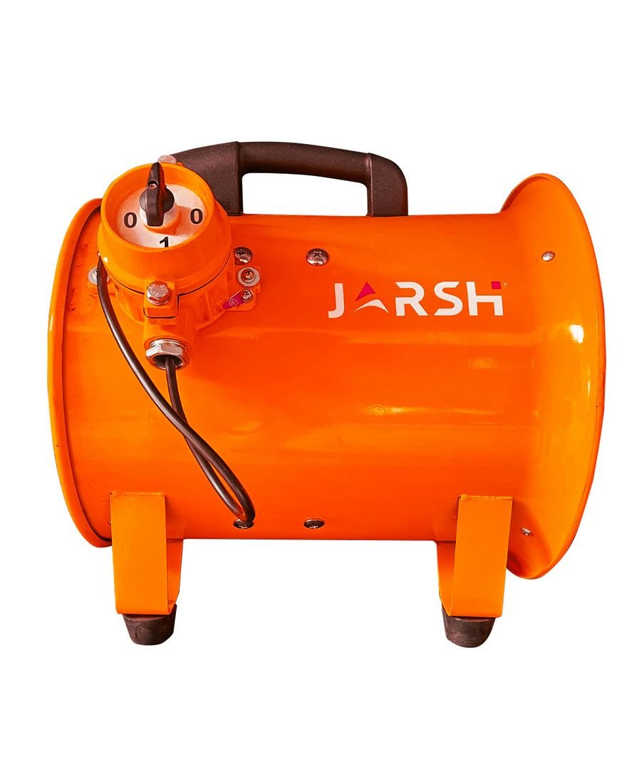 Side view of the Jarsh ATEX blower showing its flameproof switch box and carry handle
