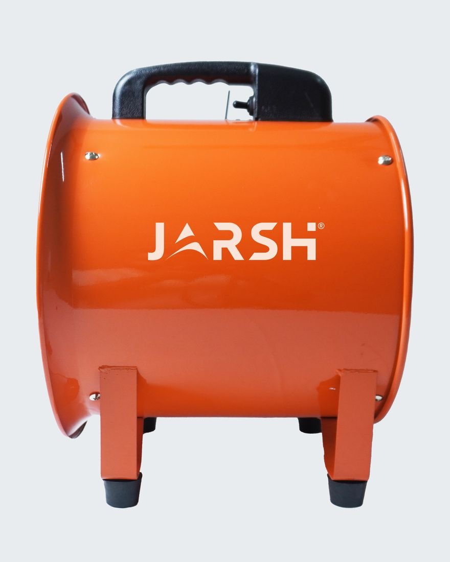Side view of the orange Jarsh CE industrial blower with its black carry handle