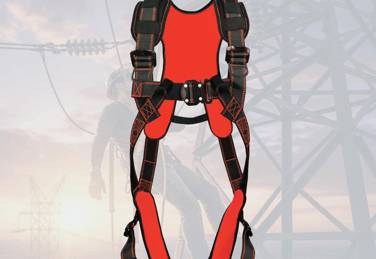 Jarsh Pro-Guard full body harness on a mannequin in front of a transmission tower at dusk