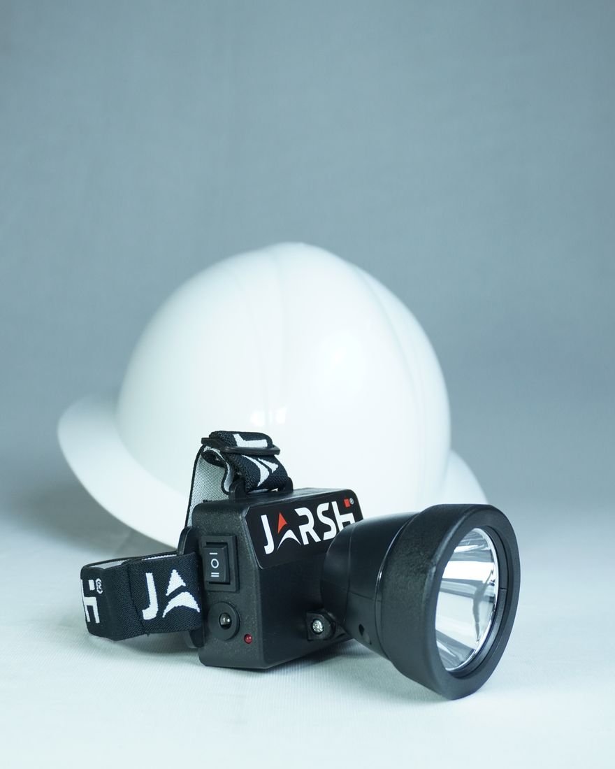 Jarsh JHWL hard hat work light strapped to a white safety helmet
