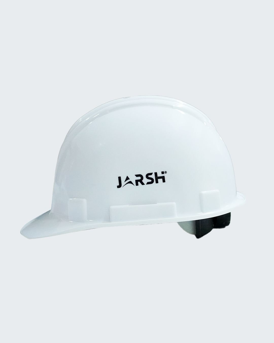 White Jarsh JSH-01 safety helmet, side view showing the suspension and rain gutter