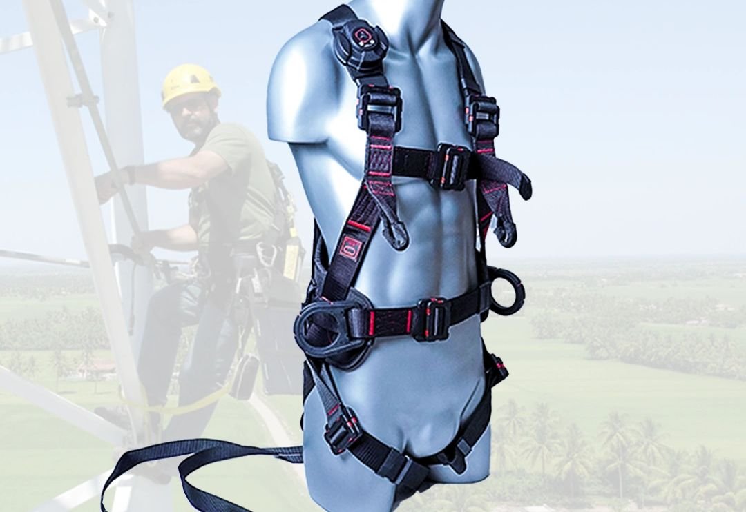 Kavach dielectric harness on a mannequin with a transmission tower behind