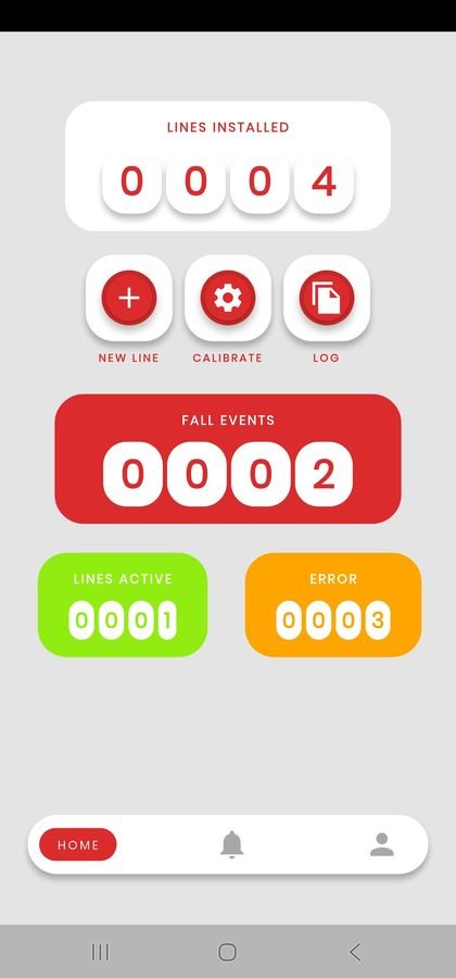 LineAlert app home screen showing lines installed, fall events, lines active and errors