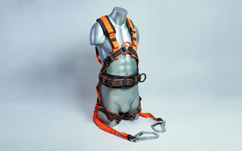 Jarsh Pro-Guard PGH-01 confined space harness in orange webbing on a mannequin, with a twin lanyard