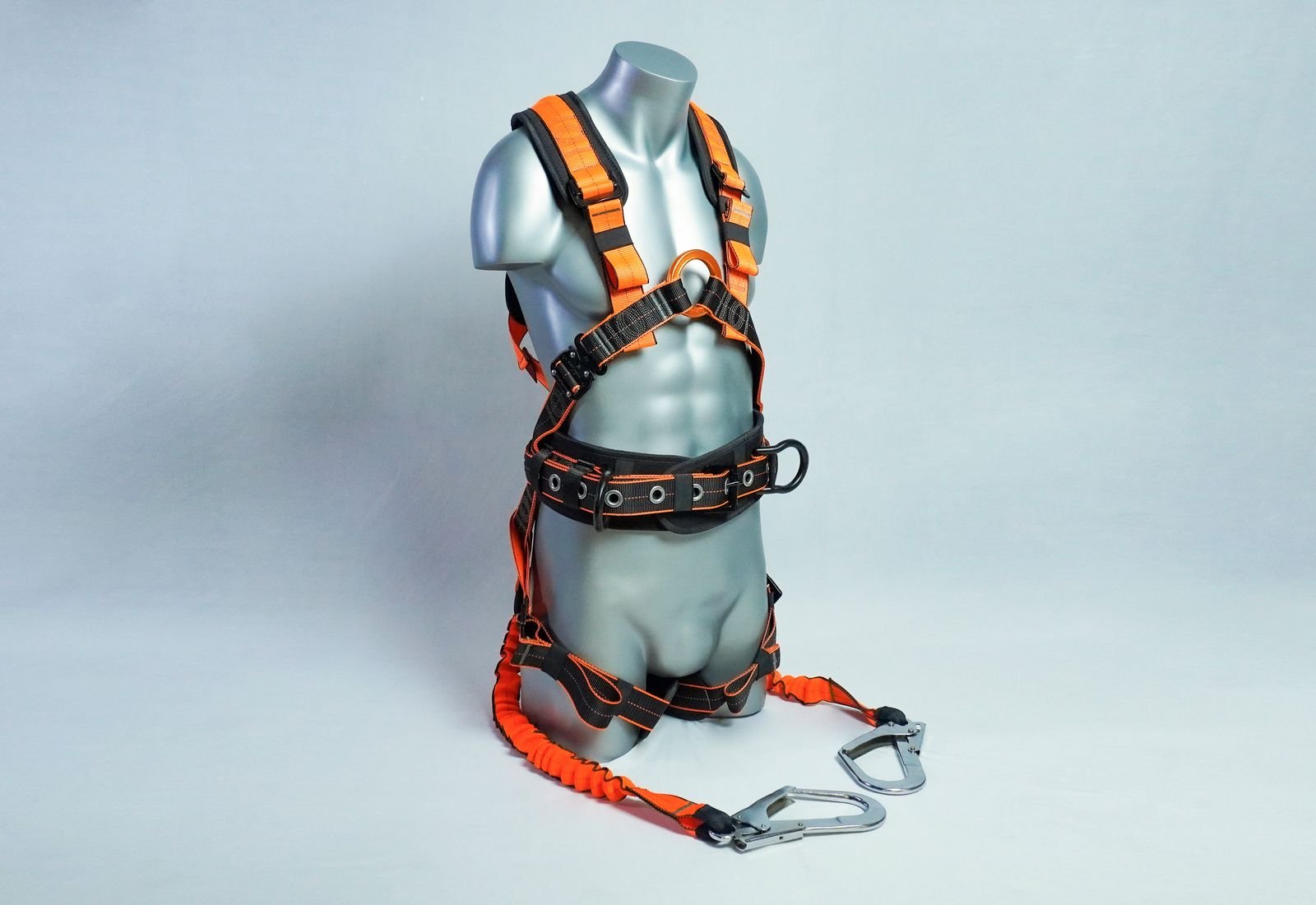 Jarsh Pro-Guard PGH-01 confined space harness in orange webbing on a mannequin, with a twin lanyard