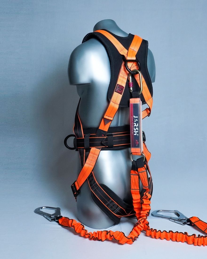 Pro-Guard PGH-01 harness from the side, showing the dorsal D-ring and twin lanyard