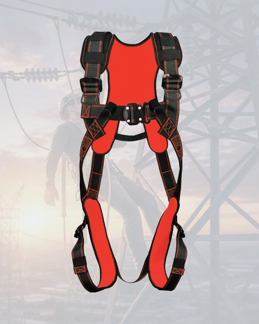 Pro-Guard PGH-02 harness with red padding against a transmission tower at dusk