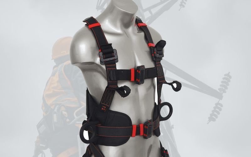 Jarsh Pro-Guard PGH-03 (DE) dielectric full body harness on a mannequin in front of a transmission tower