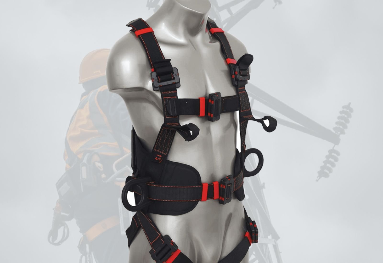 Jarsh Pro-Guard PGH-03 (DE) dielectric full body harness on a mannequin in front of a transmission tower