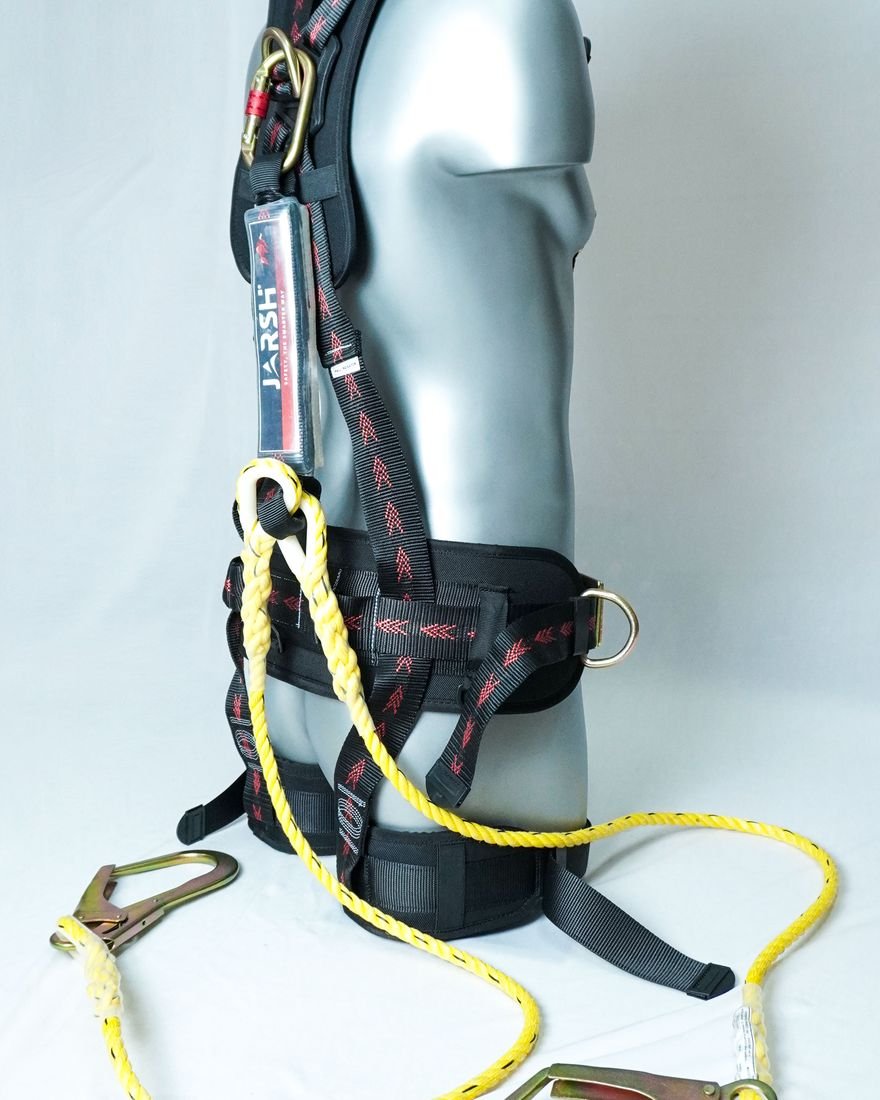 Pro-Guard PGH-05 harness on a mannequin with a yellow twin lanyard