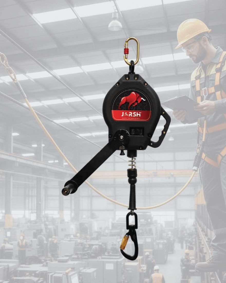 Retrieval fall arrester block in use above a worker in an industrial plant