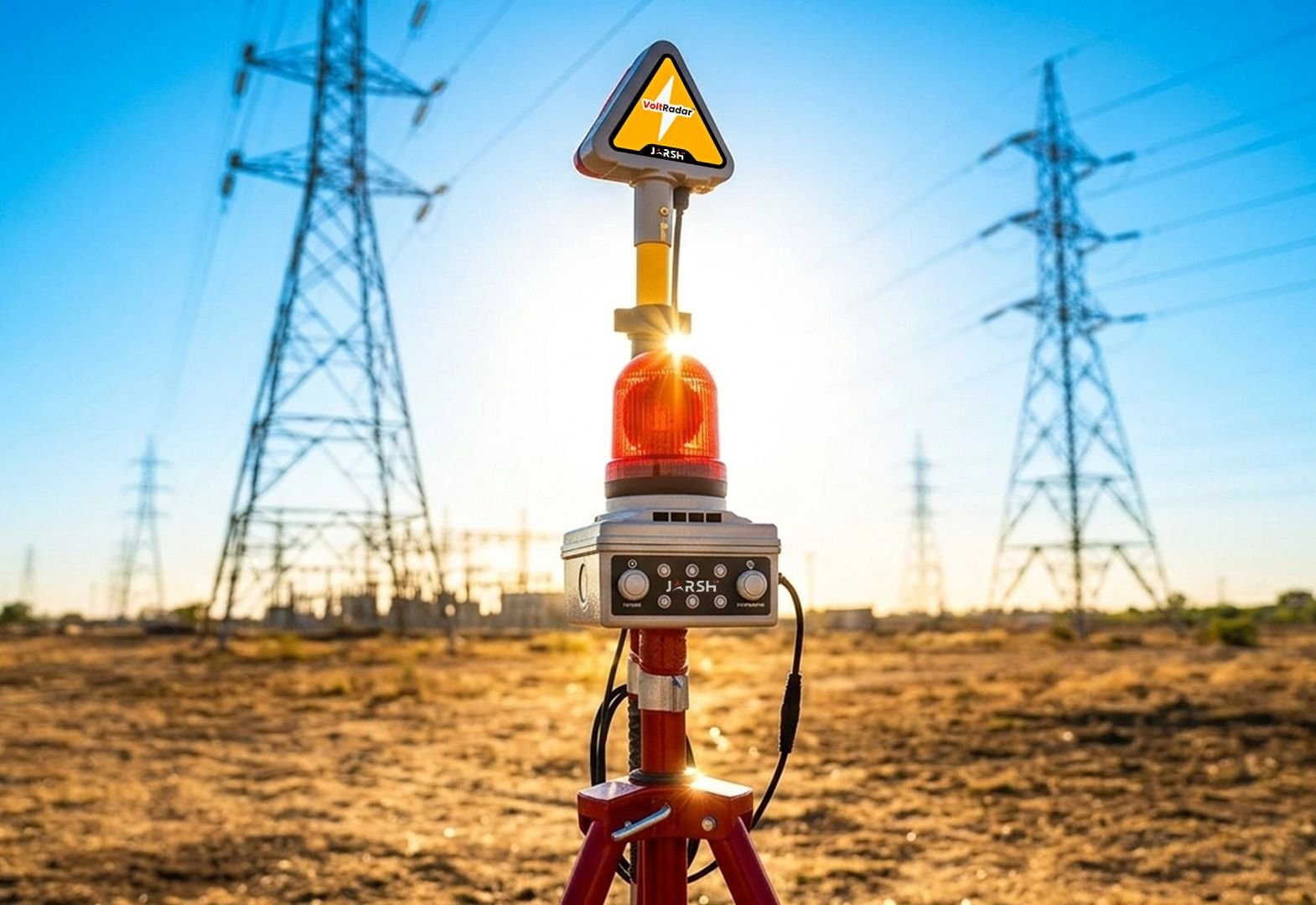 VoltRadar on its red tripod at a transmission line work site