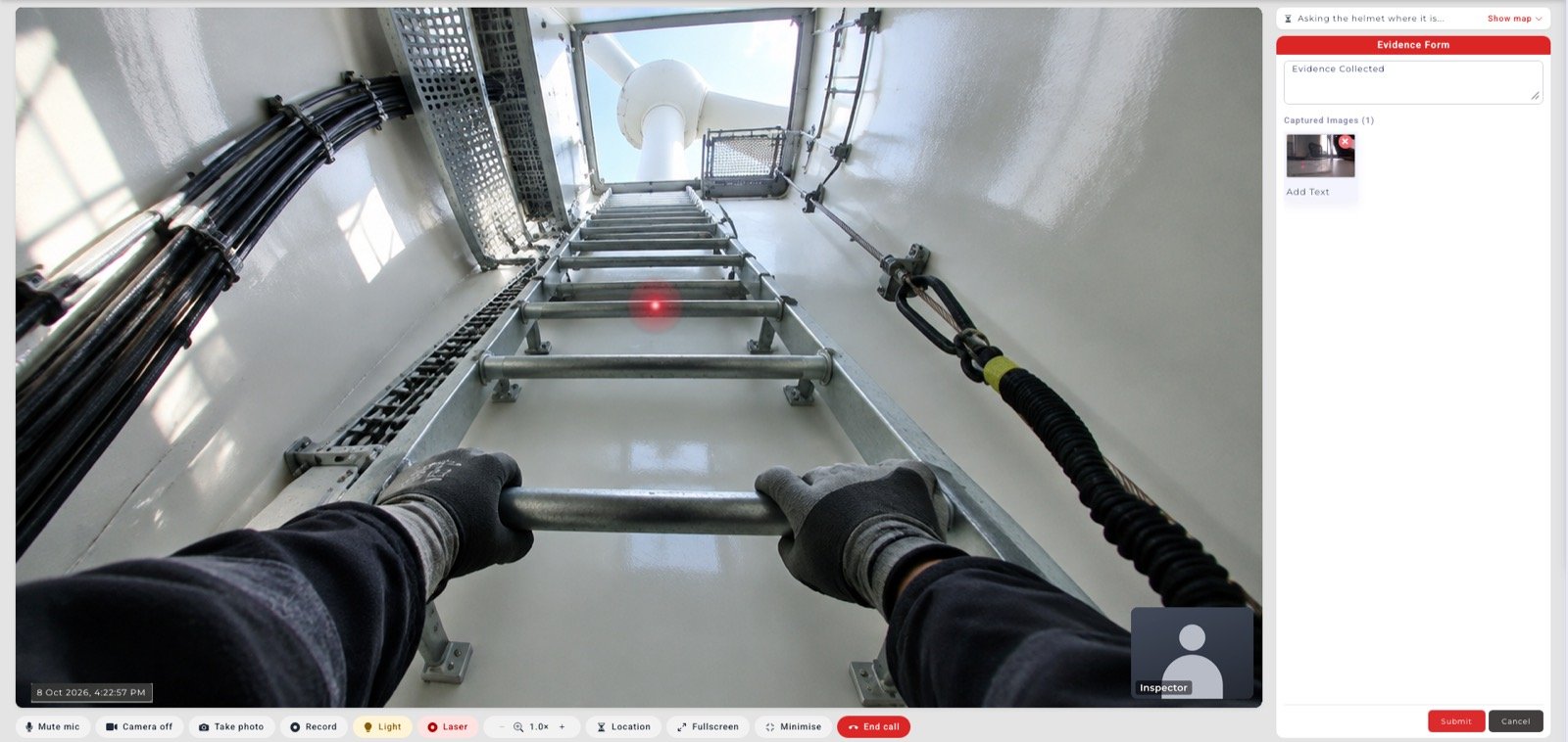 WorkAlive console recording a worker climbing a wind turbine tower ladder, with an evidence form alongside