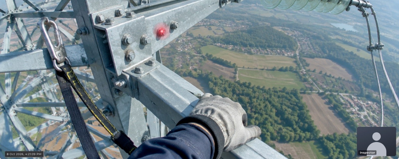 Live WorkAlive feed from a transmission tower with the laser pointer marking a bolt