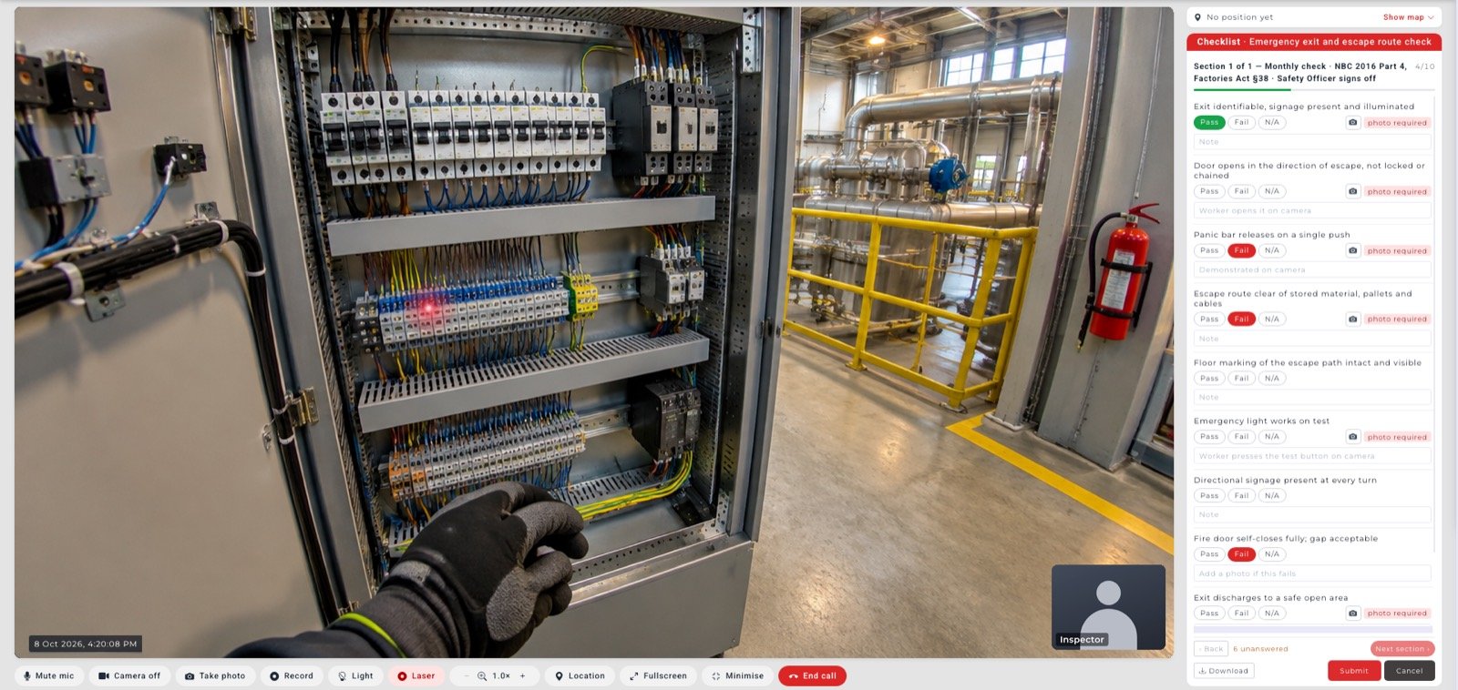 WorkAlive Enterprise console showing a live view of an electrical panel next to an inspection checklist